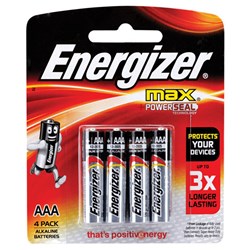 Energizer AAA 1.5V Alkaline Battery Standard Blister Pack of 4 - E300577500