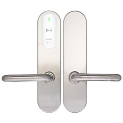 SALTO XS4 Original+ Escutcheon Mifare BLE ANSI 67mm Wide Body U Handle Satin Stainless Steel White Reader 37-43mm Door 7.6mm Spindle Indoor