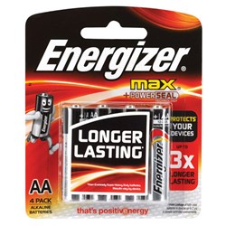 Energizer AA 1.5V Alkaline Battery Standard Blister Pack of 4 - E000029000