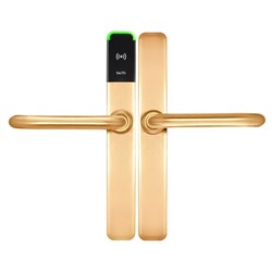 SALTO XS4 ONE Escutcheon with U Handles, HSE, BLE and Mifare DESfire, 7.6mm Spindle, Polished Brass PVD Finish with Black Reader suit 47-53mm Door, For Indoor Use.