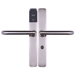 SALTO XS4 ONE Escutcheon with Electronic Privacy, Z Handles, HSE, BLE and Mifare DESfire, 7.6mm Spindle, Stainless Steel Finish with Black Reader suit 47-53mm Door, For Indoor Use.