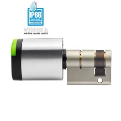 SALTO NEO Half Euro Cylinder, Mifare BLE HSE, 32.5mm exterior length, 15mm DIN Cam, Satin Chrome Cylinder with Black Reader, IP66