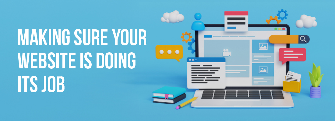 Is your website doing its job. Cartoon laptop open with different web features displayed