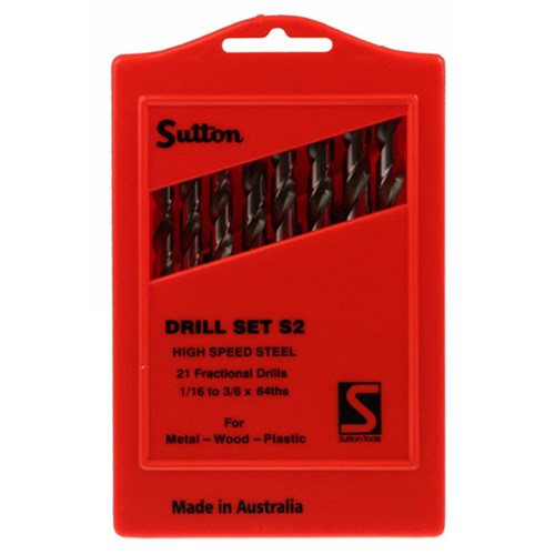 SUTTON DRILL SET HSS S2 21 PIECE 1/16-3/8x64ths