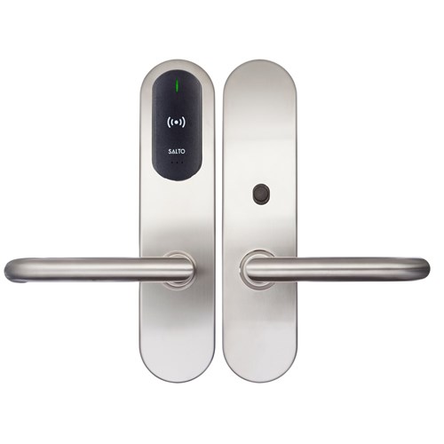 SALTO XS4 Original+ Escutcheon, Mifare BLE, ANSI 67mm Wide Body, with Electronic Privacy, Z handle, Satin Stainless steel, Black Reader, Universal Spindle, Indoor