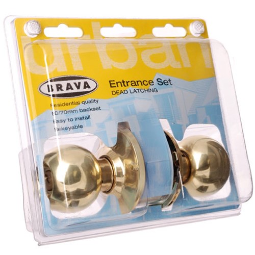 BRAVA Urban Tiebolt Entrance Knob Set LW4 Profile KD with Adjustable 60/70mm Backset Polished Brass Display Pack - BRT3700DP