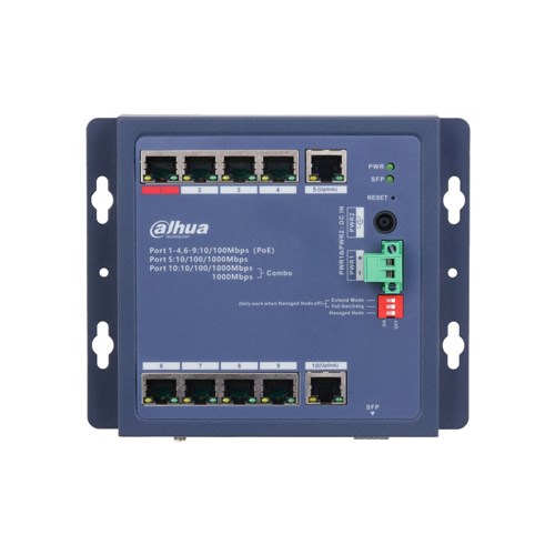 Dahua 10 Port Layer 2 Hardened Cloud Managed Network Switch with 8 PoE Ports plus 2 Gigabit Uplink Ports - DH-CHS4110-8ET-90-F