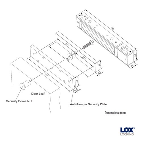 LOX Single Electro Magnetic Lock Slimline 280kg Monitored includes Anti-Tamper Plate - EM3500M