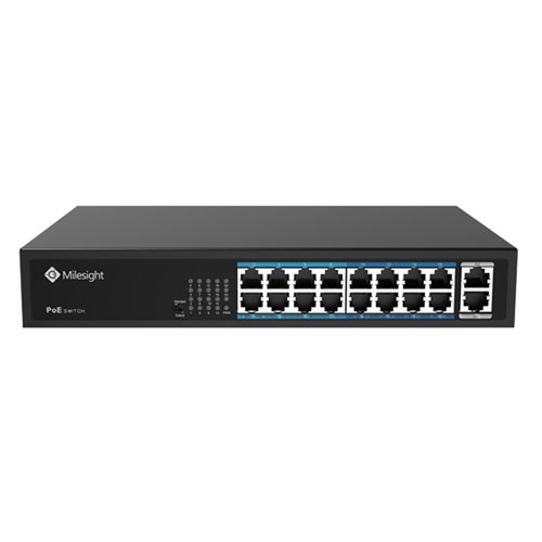 Milesight 16 Port Unmanaged Network Switch with 16 PoE Ports plus 2 Uplink Ports - MS-S0216-GL