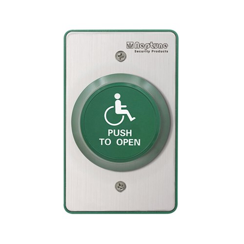 Neptune Press to Exit,ANSI,IP65,NO/NC/C,1.7mm SS,Disabled PUSH TO OPEN,Grn,Spacer