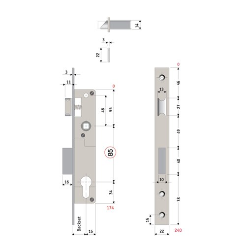 PROTECTOR 485 Series Mortice Sash Lock Pitch 85mm Backset 20mm Satin Stainless Steel - 726-20-SSF