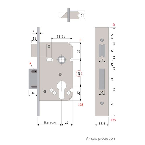 PROTECTOR 748 Series Euro Cylinder Mortice Sash Lock Pitch 48mm Backset 45mm Polished Stainless - 735-2.5-PSS