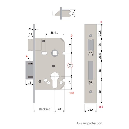 PROTECTOR 748 Series Euro Cylinder Mortice Sash Lock Pitch 48mm Backset 58mm Satin Stainless Steel w/Flat Strike - 735-3.0-FS-SSF