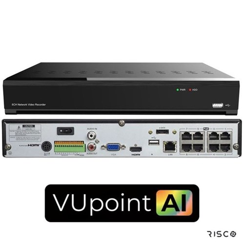 RISCO VUpoint AI 8 Channel NVR with 8 PoE Ports, 1 HDD Bay, includes AU Kettle Cord - RVNVR084K1RA